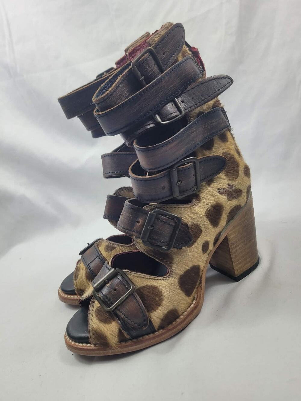Freebird Leopard Strappy Heels Animal Print Furry Cowhide Size 6